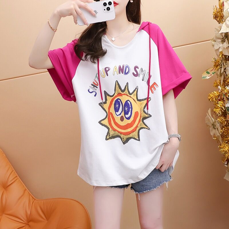 3014# quality/Huandingyi pure cotton/rear collar/medium-length hooded splicing short-sleeved T-shirt for women