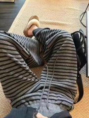 大碼胖mm條紋闊腿褲女2025春季新款抽繩鬆緊腰加絨直筒運動休閒褲