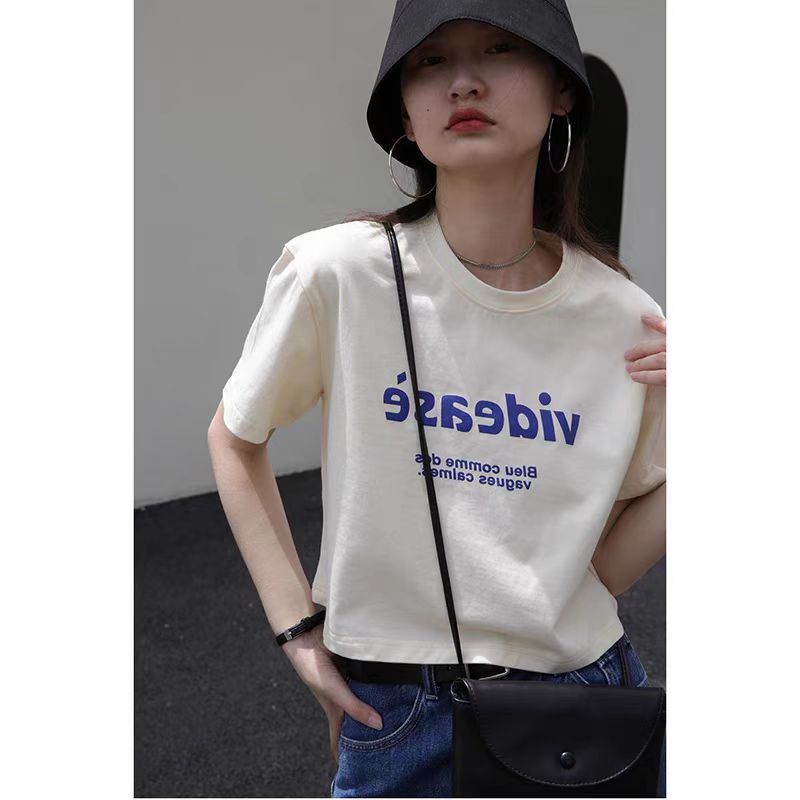 Short-sleeved ultra-short navel shirt for women Korean loose student top pure cotton bag back collar