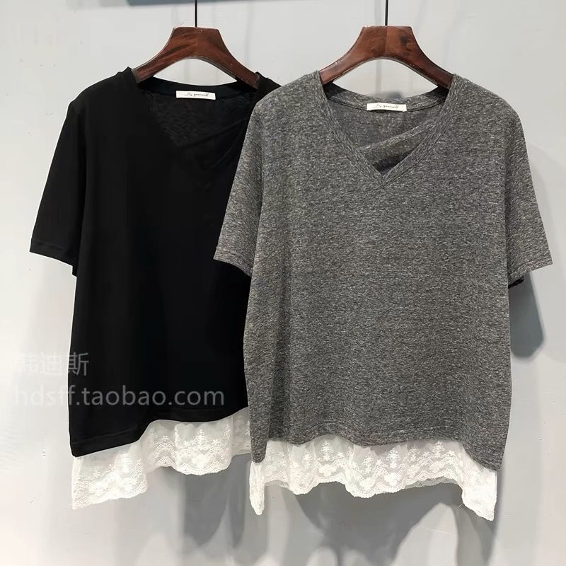 South Korea 2025 new V-neck hem lace splicing loose fake two-piece short-sleeved T-shirt for women