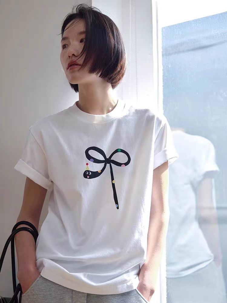 200g combed and tight spun in 2025, pure cotton back bag strip, spring and summer loose shoulder printed short-sleeved T-shirt