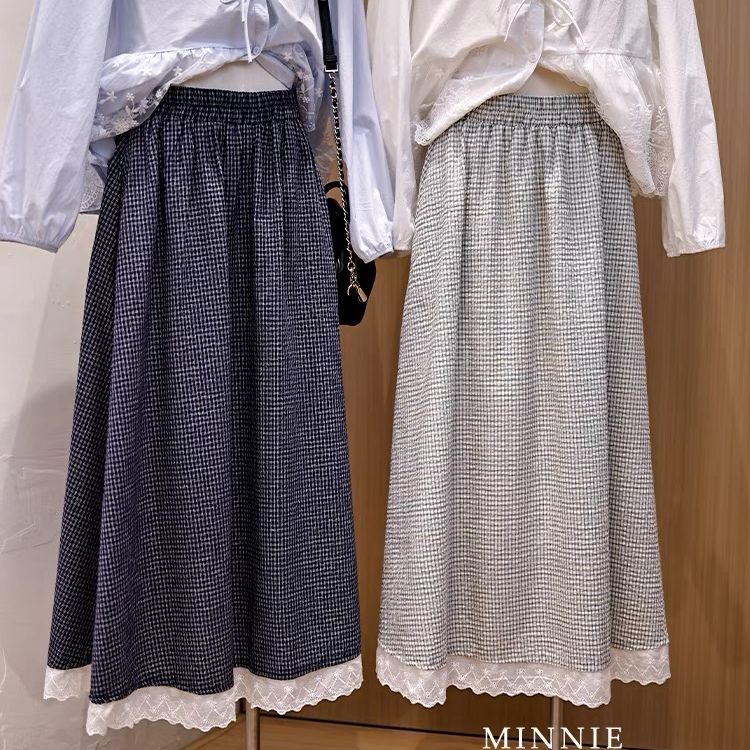 Japanese lace plaid skirt for women in spring and summer 2025 new elastic waist covering hips to make them look slim A-line long skirt