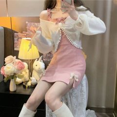 開叉吊帶連衣裙女秋季2025新款甜美日系純欲修身顯瘦蝴蝶結打底裙