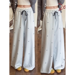 原版做工蝴蝶結絕美淺藍色條紋休閒褲女慵懶風寬鬆高腰闊腿褲