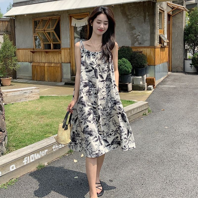 優質四面彈面料水墨印花吊帶裙小個子夏復古中長裙寬鬆連衣裙