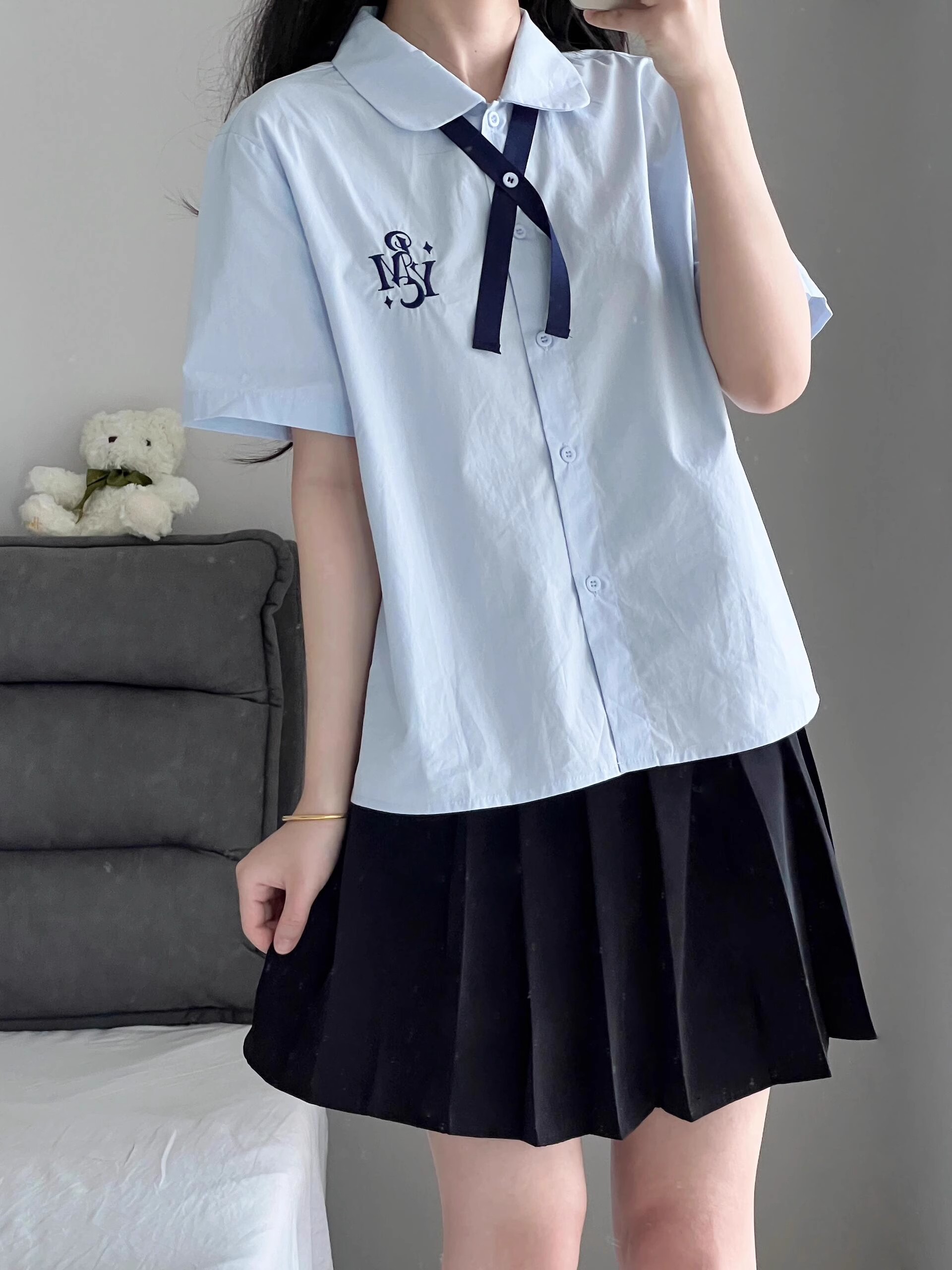 泰式校服學院風休閒藍色襯衣女小清新減齡短袖夏季甜美JK制服襯衫
