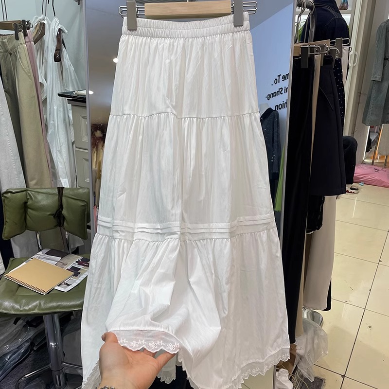 原版面料韓系夏季新款蕾絲花邊半身裙女鬆緊腰提花大擺A字裙