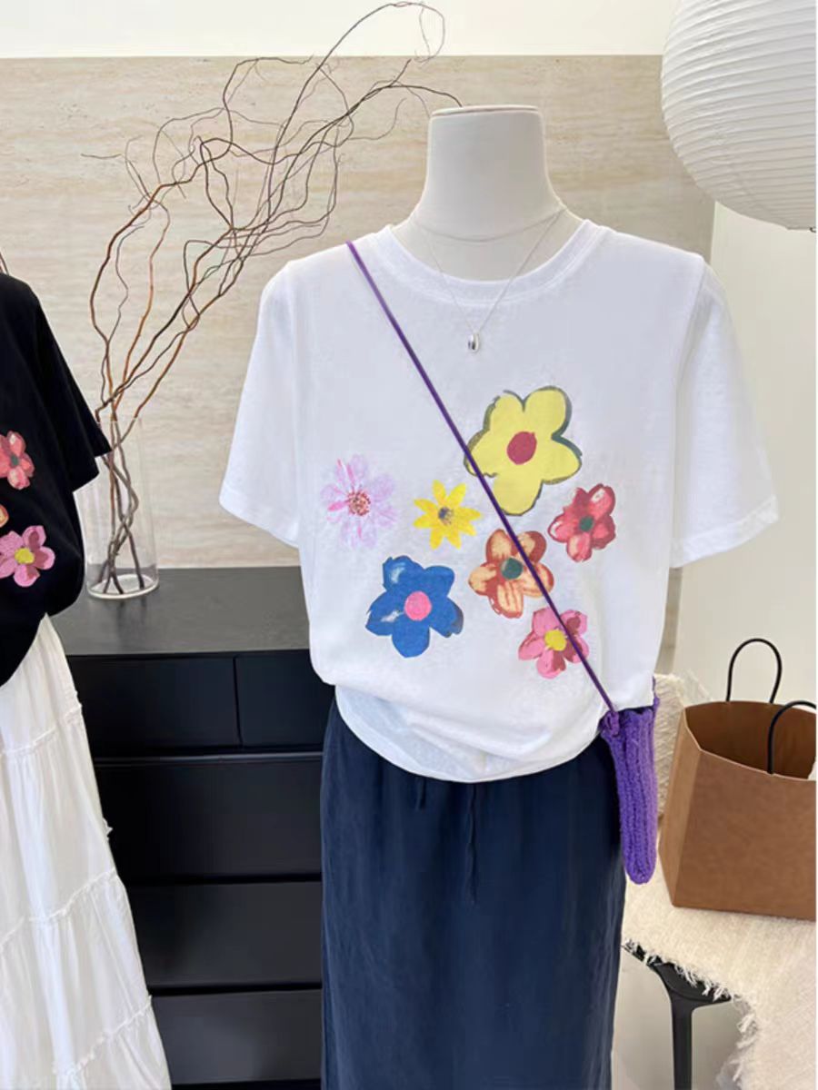 200g combed and tight spun in 2025, pure cotton back bag strip, spring and summer loose shoulder printed short-sleeved T-shirt