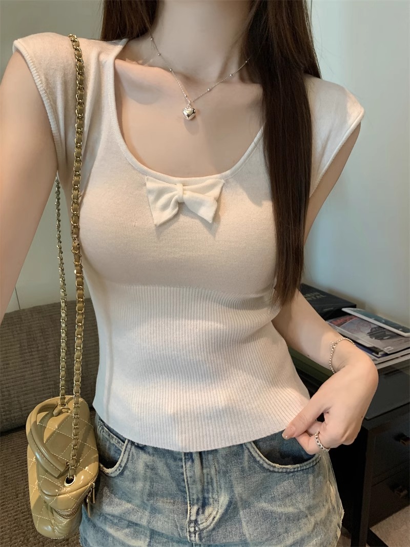 2025夏季新款蝴蝶結針織衫T恤女設計感修身小個子減齡u領短袖上衣