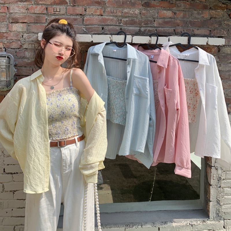 Real shot of large size super fairy fashionable sunscreen shirt versatile long-sleeved shirt women's loose solid color top