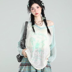 Original fabric butterfly printed long-sleeved T-shirt light and thin style loose V-neck top sunscreen blouse