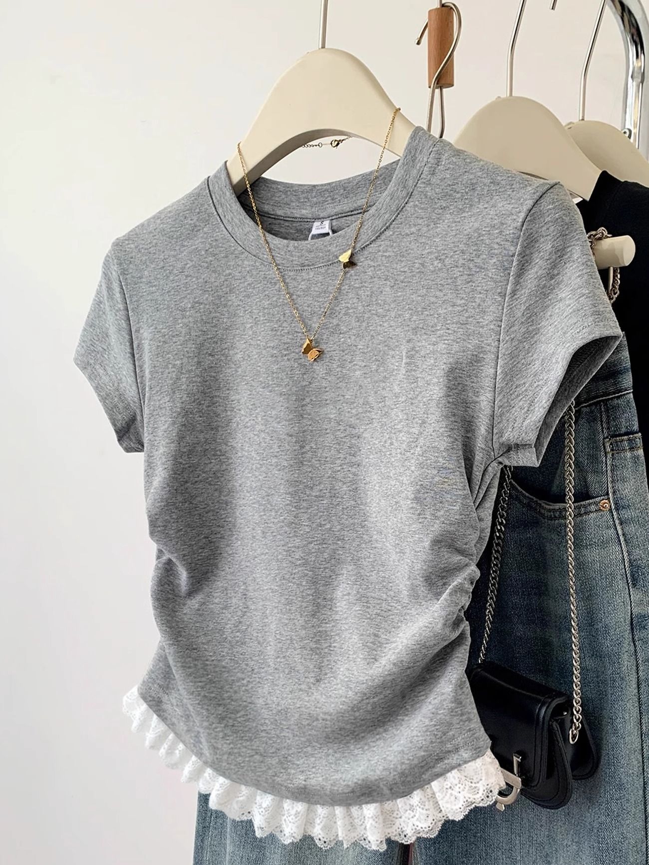 Pure cotton lace lace hem spliced ​​slim short-sleeved T-shirt round neck versatile slim top