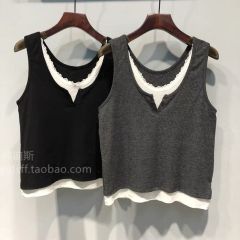 Korean version 2025 summer new contrasting color spliced ​​lace slim fit fake two-piece vest top for women