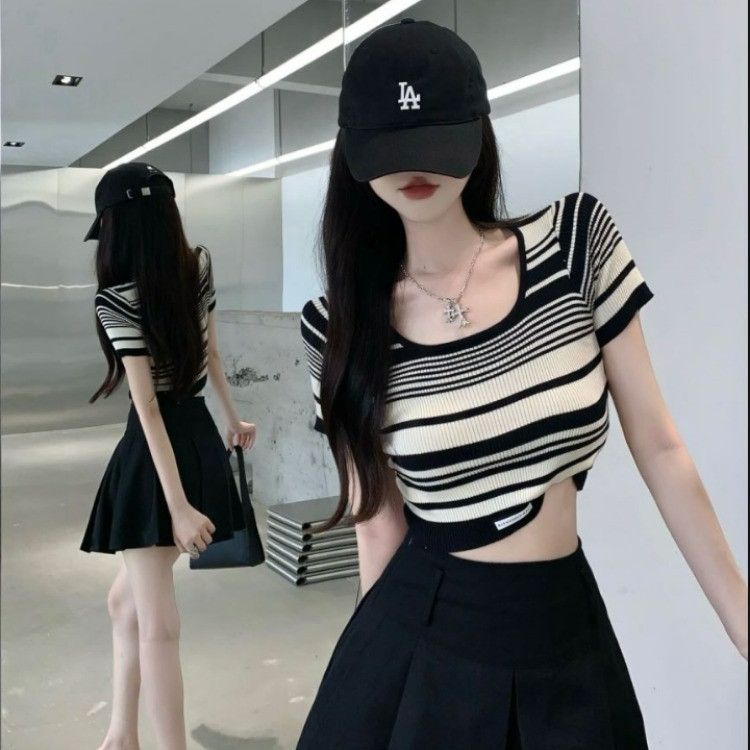 純欲風辣妹條紋短袖T恤女2025夏季小眾別致緊身顯瘦復古短款上衣