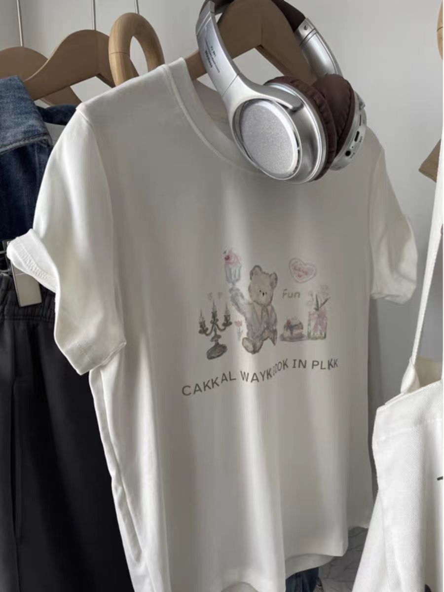 200g combed and tight spun in 2025, pure cotton back bag strip, spring and summer loose shoulder printed short-sleeved T-shirt
