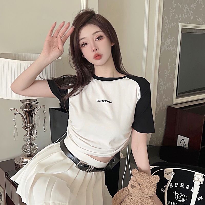 Drawstring contrasting color round neck hot girl top personalized women's new style base slim short short-sleeved T-shirt