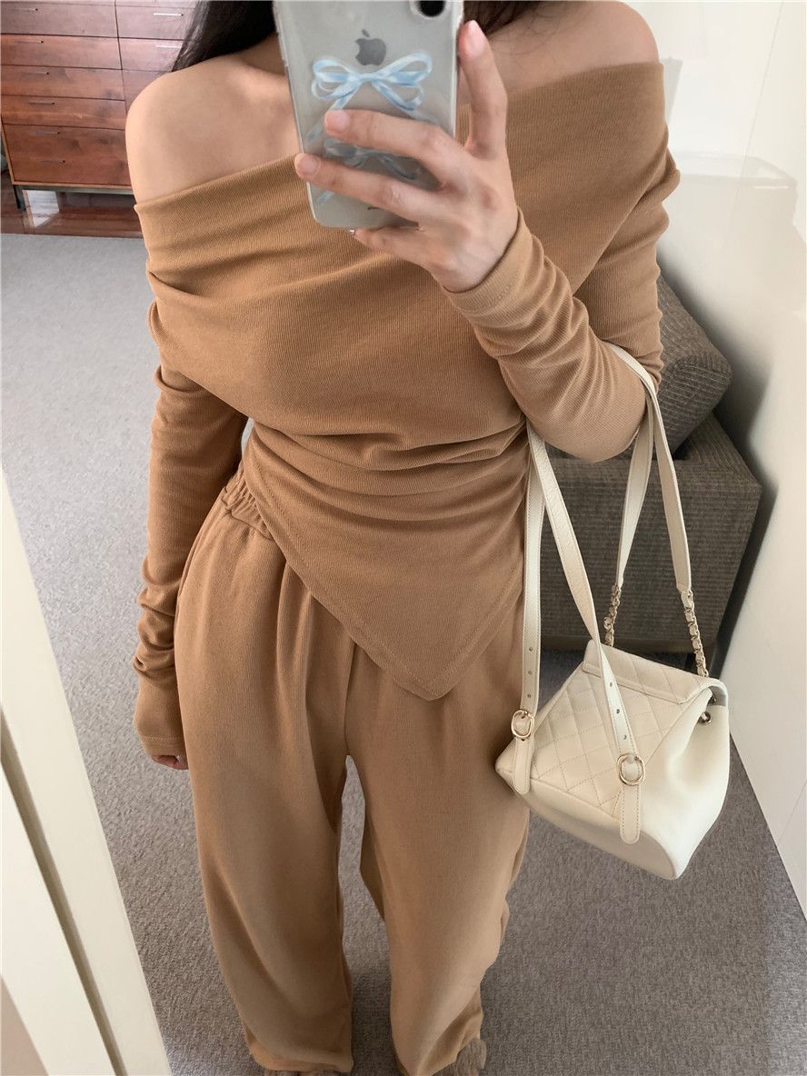 Salt-style light mature suit for women one-shoulder T-shirt top spring new high-waist wide-leg pants temperament two-piece set