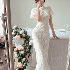 Real shot of new Chinese style small dress engagement dress improved cheongsam seaside vacation backless dress