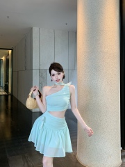 Real shot!  Pure sexy hot girls short skirt with waist-hugging and slimming design, slanted shoulders and waist-exposed chiffon dress for women on vacation