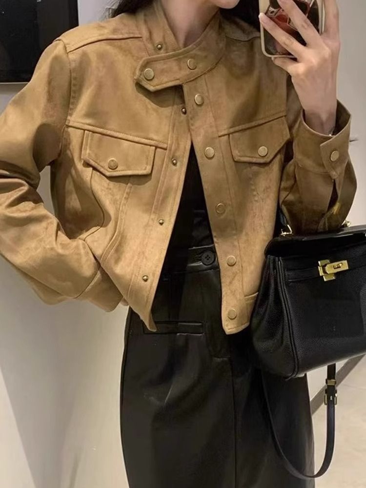 2025 Spring and Autumn New Chanel-style Caramel-brown Leather Jacket for Women Early Autumn Small Figure Suede Short Coat Top