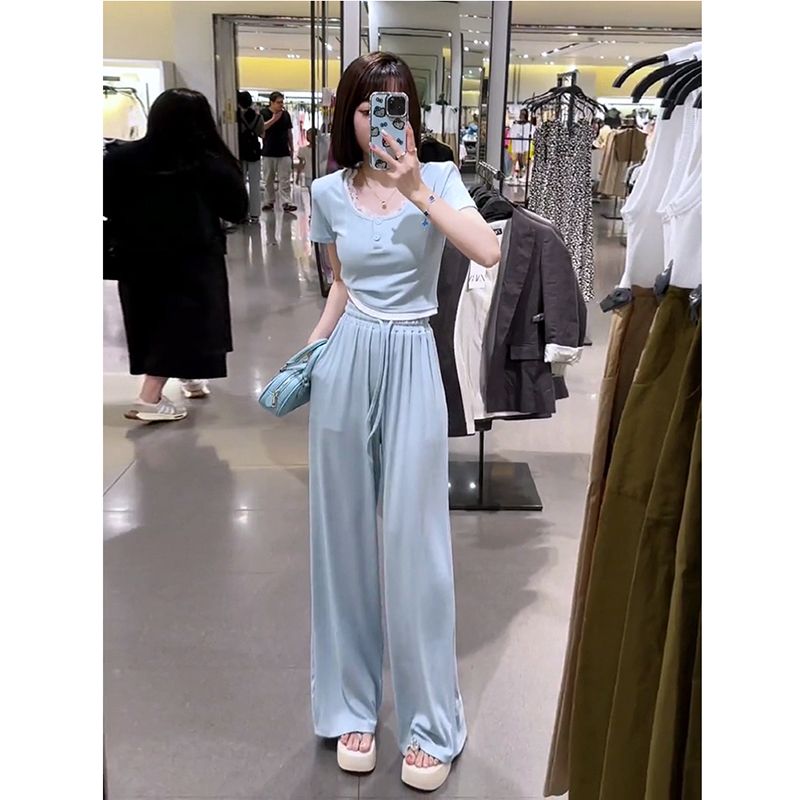 2025 new summer internet celebrity street-fried fashion trendy wide-leg pants two-piece set