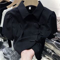 Real photo of hot girls puff sleeves new Chinese retro improved shirt women short sleeves short shirt button top summer