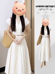 2025新款海邊度假法式v領白色連衣裙子女夏季小個子氣質收腰長裙