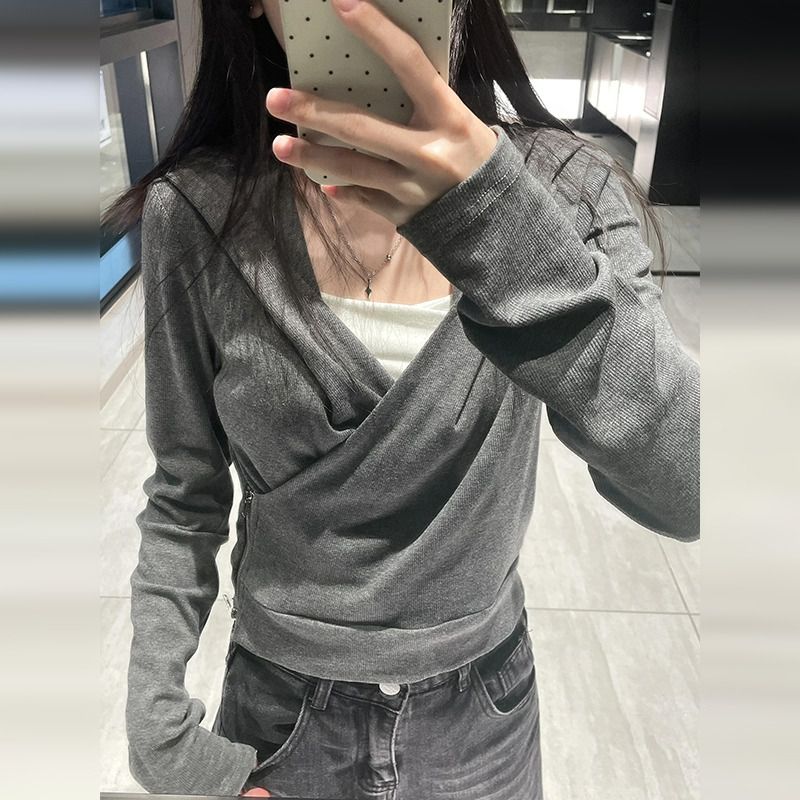 灰色連帽衛衣外套女秋冬小眾設計感交叉打底衫上衣