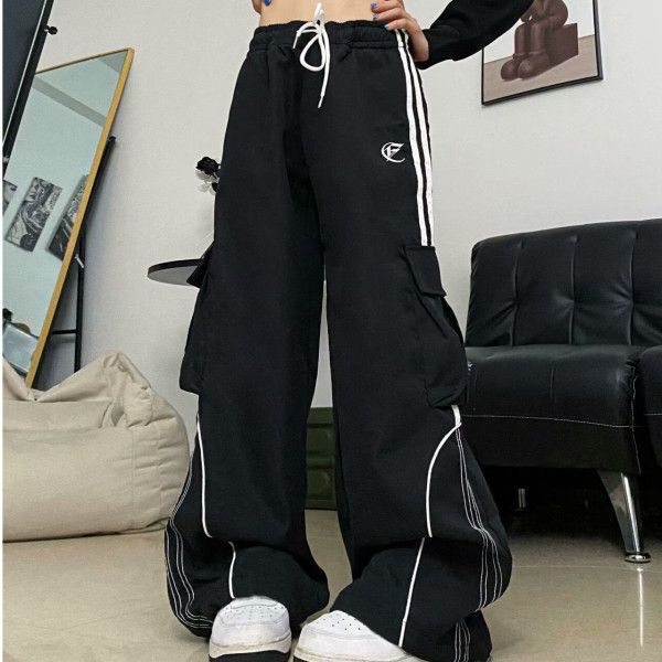 American high street contrasting color street dance loose straight wide-leg pants for women's national trend retro floor-moving hip-hop work pants cross-border