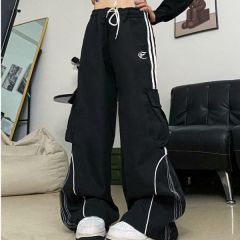 American high street contrasting color street dance loose straight wide-leg pants for women's national trend retro floor-moving hip-hop work pants cross-border