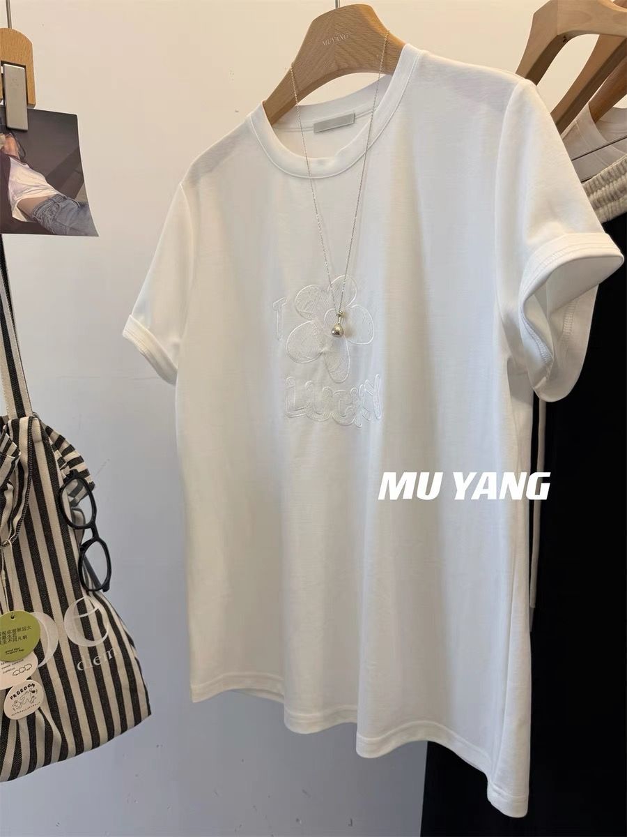 Korean version 2025 new extra-large size flower short-sleeved T-shirt for women 2025 summer new top