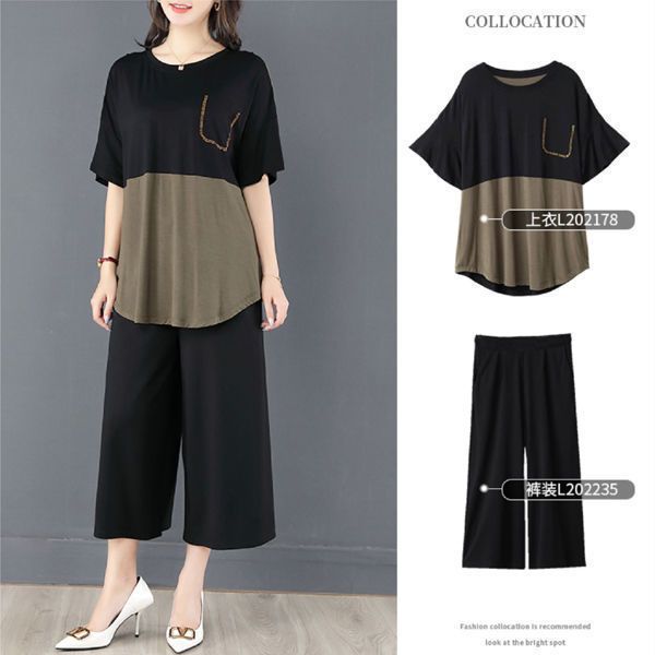 Fat mm plus size women's clothing for summer new loose casual and fashionable belly-covering fashion two-piece short-sleeved set