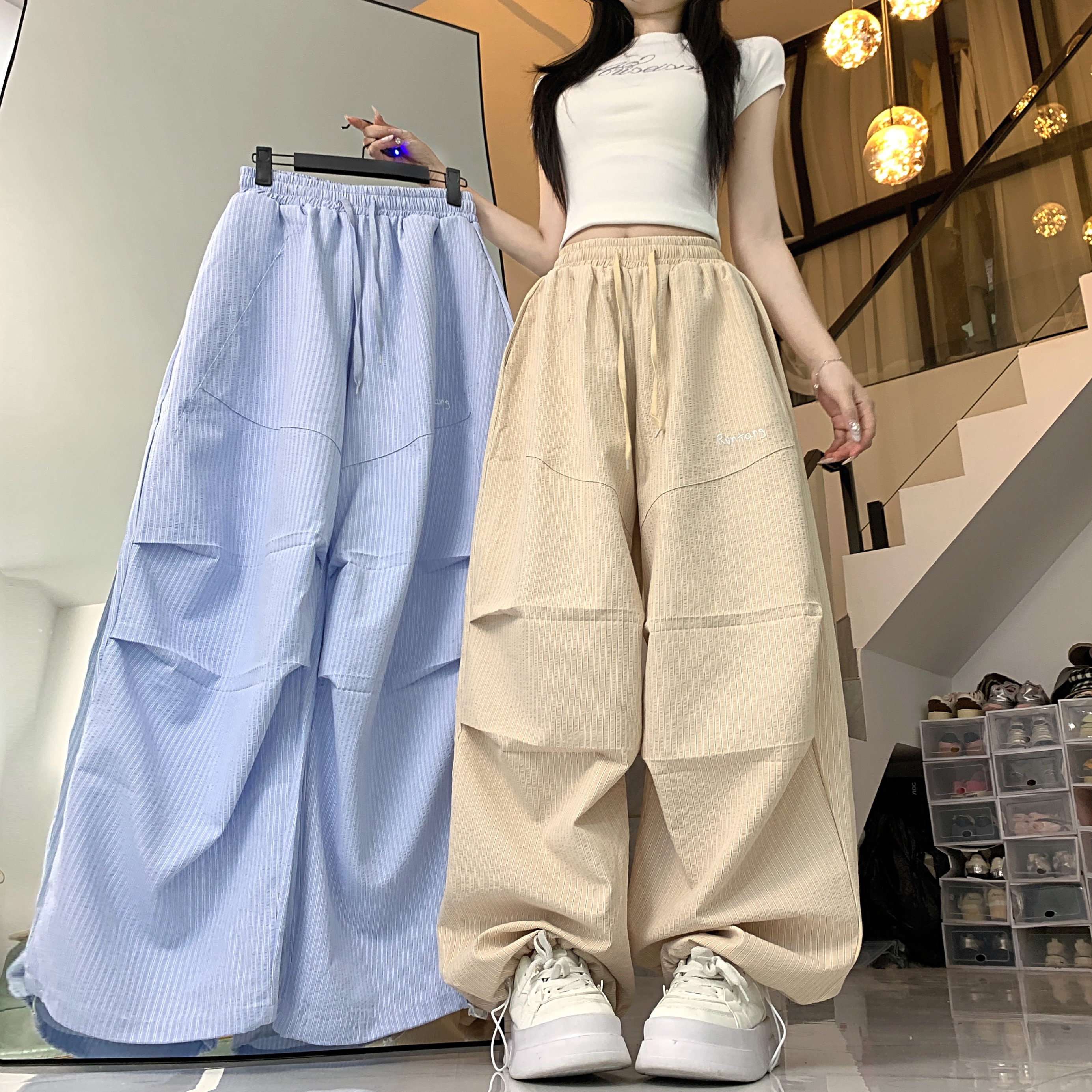 實拍美式街頭條紋褶皺彎刀工裝褲女春夏慵懶寬鬆闊腿爵士舞休閒褲