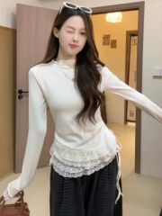 原版做法蕾絲邊半高領長袖T恤女秋冬內搭法式別致打底上衣