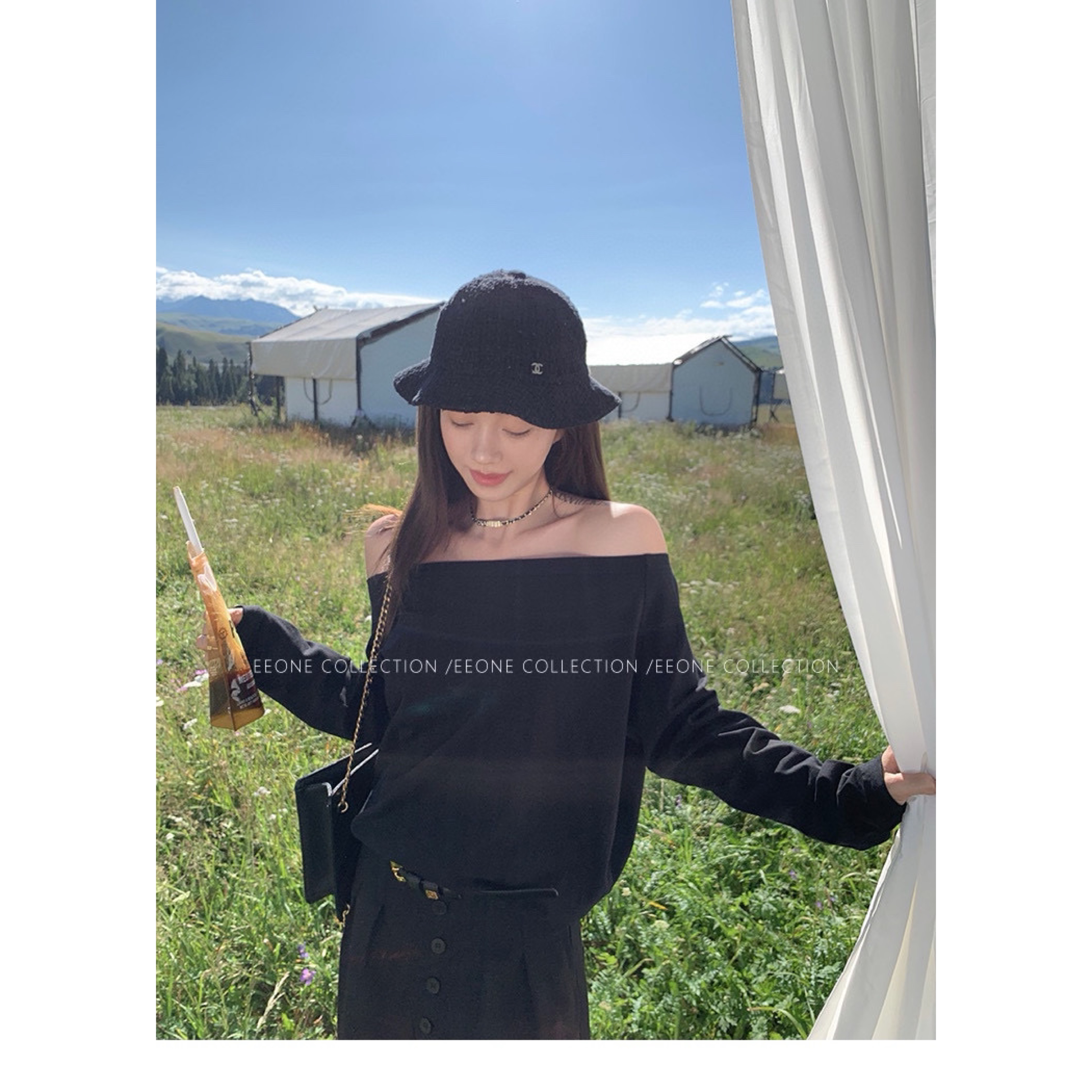 莫代爾人棉 純色斜肩長袖T恤女夏季辣妹設計感寬鬆防曬衫上衣
