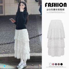 Lace cake skirt for women in spring and summer high waist A-line mid-length umbrella skirt with small temperament fluffy skirt
