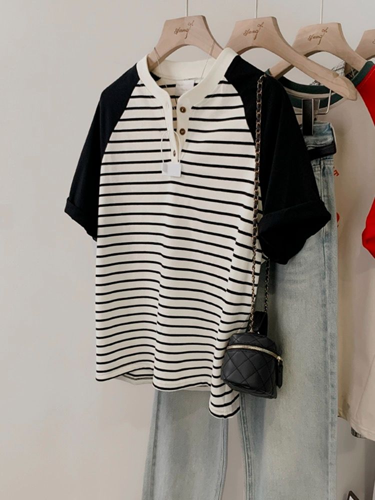 Korean version of large-size striped ragander sleeves short-sleeved T-shirt for women's summer 2025 new top