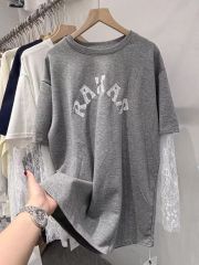 特大碼300斤高級感歐貨刺繡蕾絲拼接假兩件長袖T恤女春夏顯瘦上衣