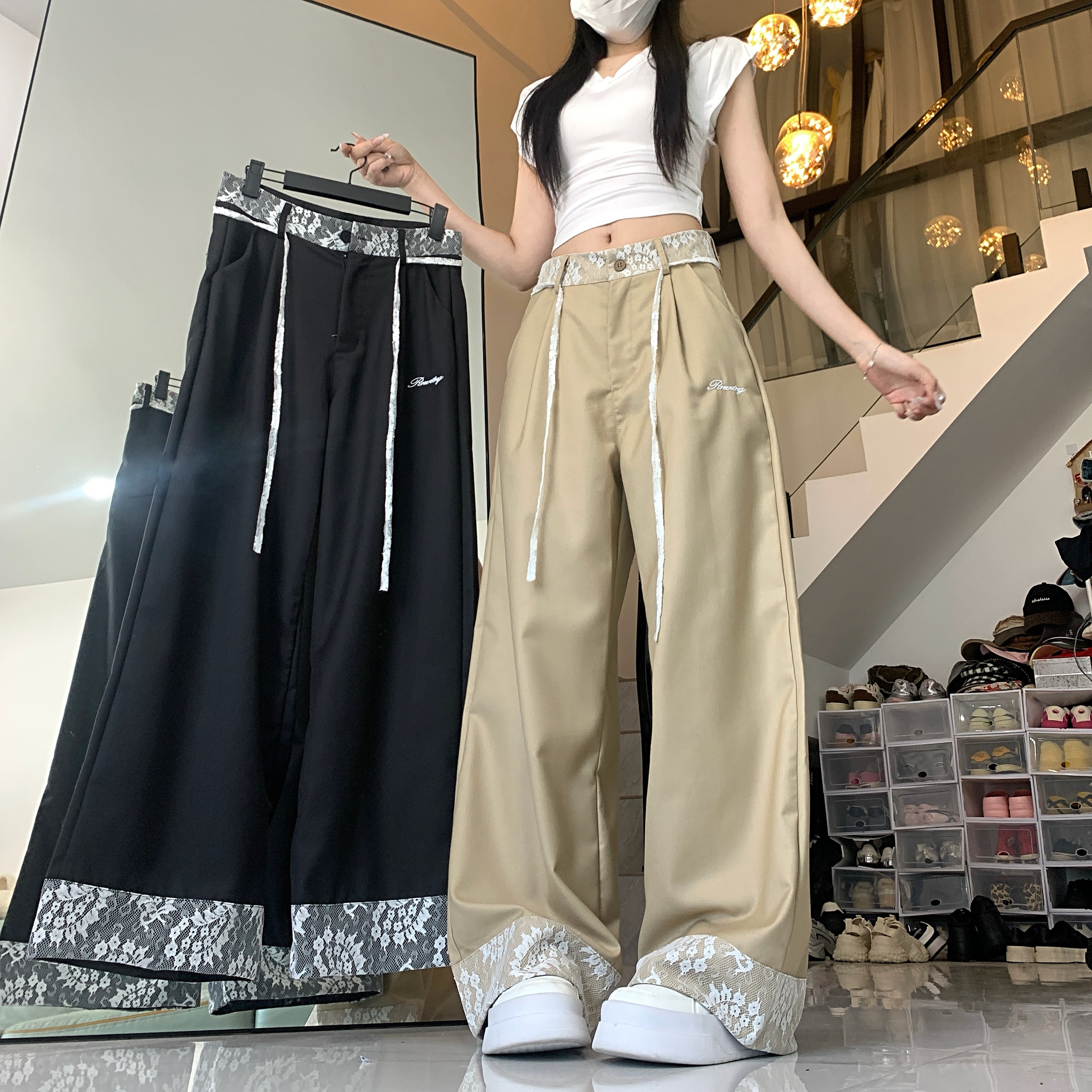 實拍韓系蕾絲腰頭拼接休閒褲女早春2025設計感顯瘦直筒垂感闊腿褲