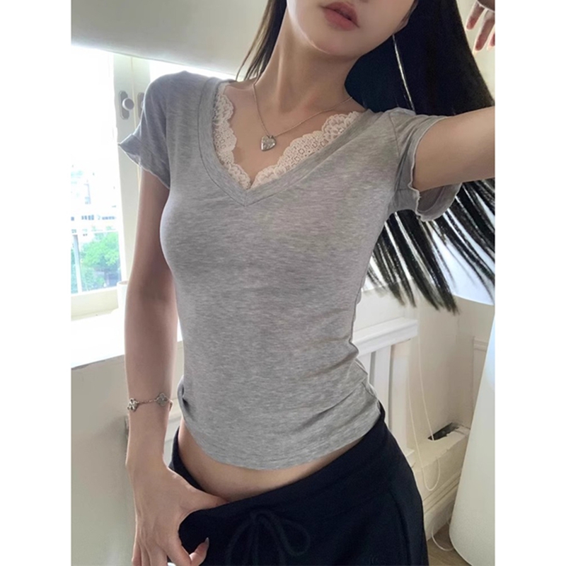 Colorful cotton ribbed earrings gray lace V-neck short-sleeved T-shirt for women in summer