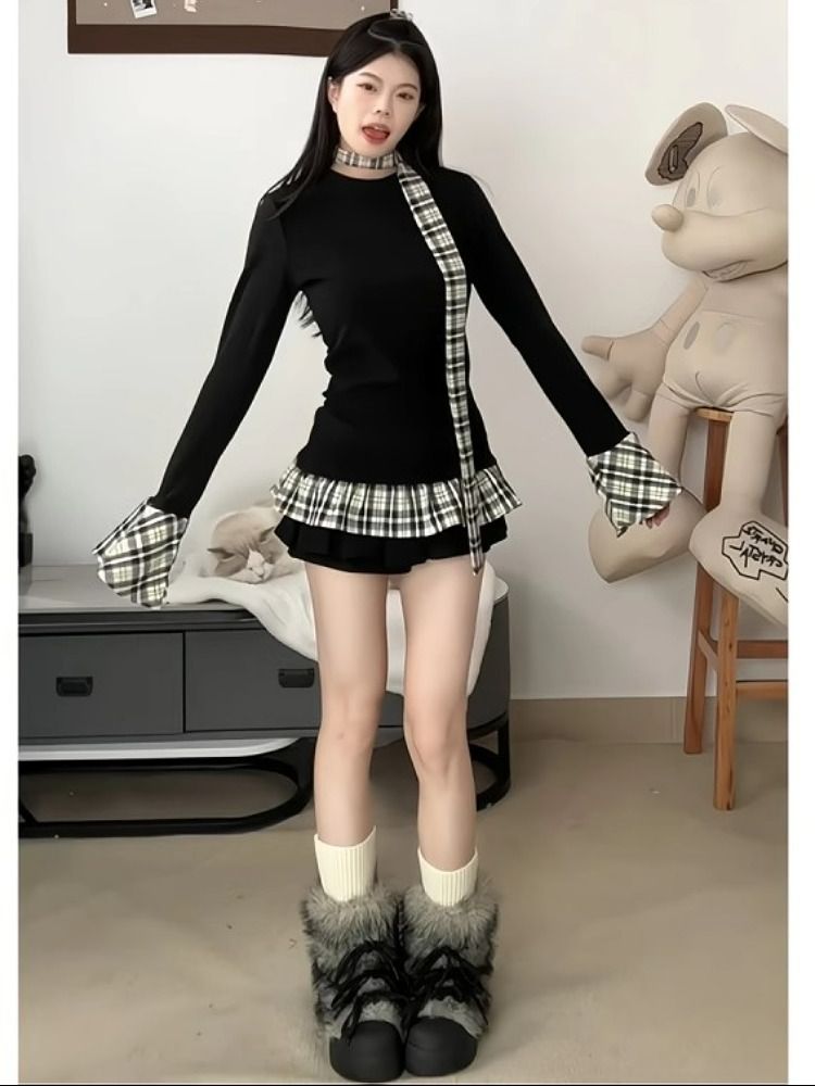 飄帶+上衣韓系格子拼接圓領喇叭長袖T恤女秋冬修身顯瘦上衣