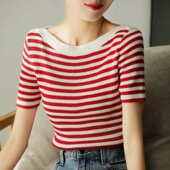 New spring and summer retro style ice silk sweater French design sense one-length striped short-sleeved women's T-shirt