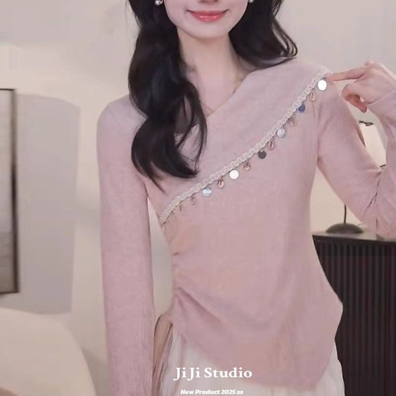 Korean new French sequins irregular women's spring Korean beautiful long-sleeved versatile top