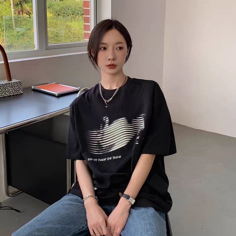 200g combed and tight spun in 2025, pure cotton back bag strip, spring and summer loose shoulder printed short-sleeved T-shirt