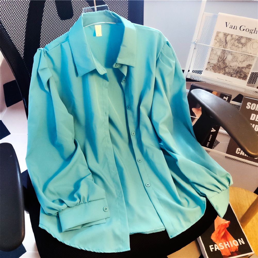 Real photo thin lantern sleeve solid color light mature shirt women's long-sleeved shirt top spring and autumn street small person loose