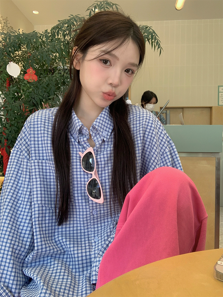 Real photo of early spring Korean chic simple loose blue plaid shirt top coat