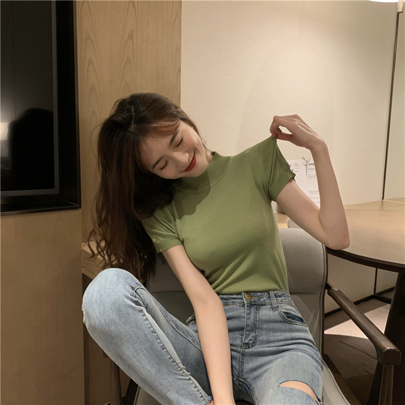 Real photo of new half-high neck bottoming shirt for women short-sleeved sweater with thin summer top