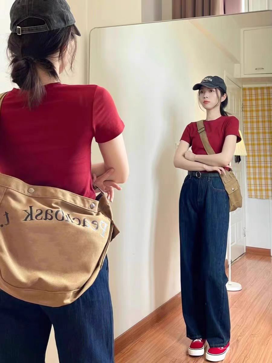 Vibe atmosphere burgundy pure cotton short-sleeved T-shirt for women in summer navel-exposed short shoulder millennial hot girl style top