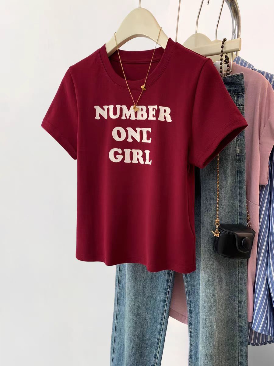 Printed front shoulder short-sleeved T-shirt for women in summer new niche American pure cotton slim T-shirt top
