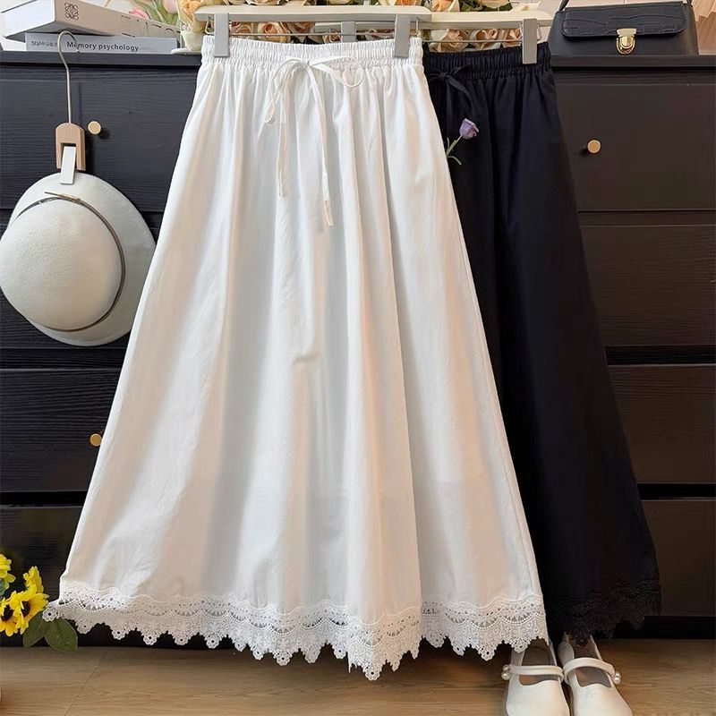 French lace stitching drawstring lace skirt for women in spring and summer 2025 elastic waist pleated loose large umbrella skirt